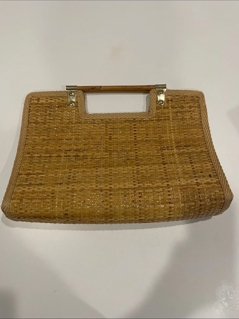 Italian Woven Straw Top-Handle Clutch in Tan